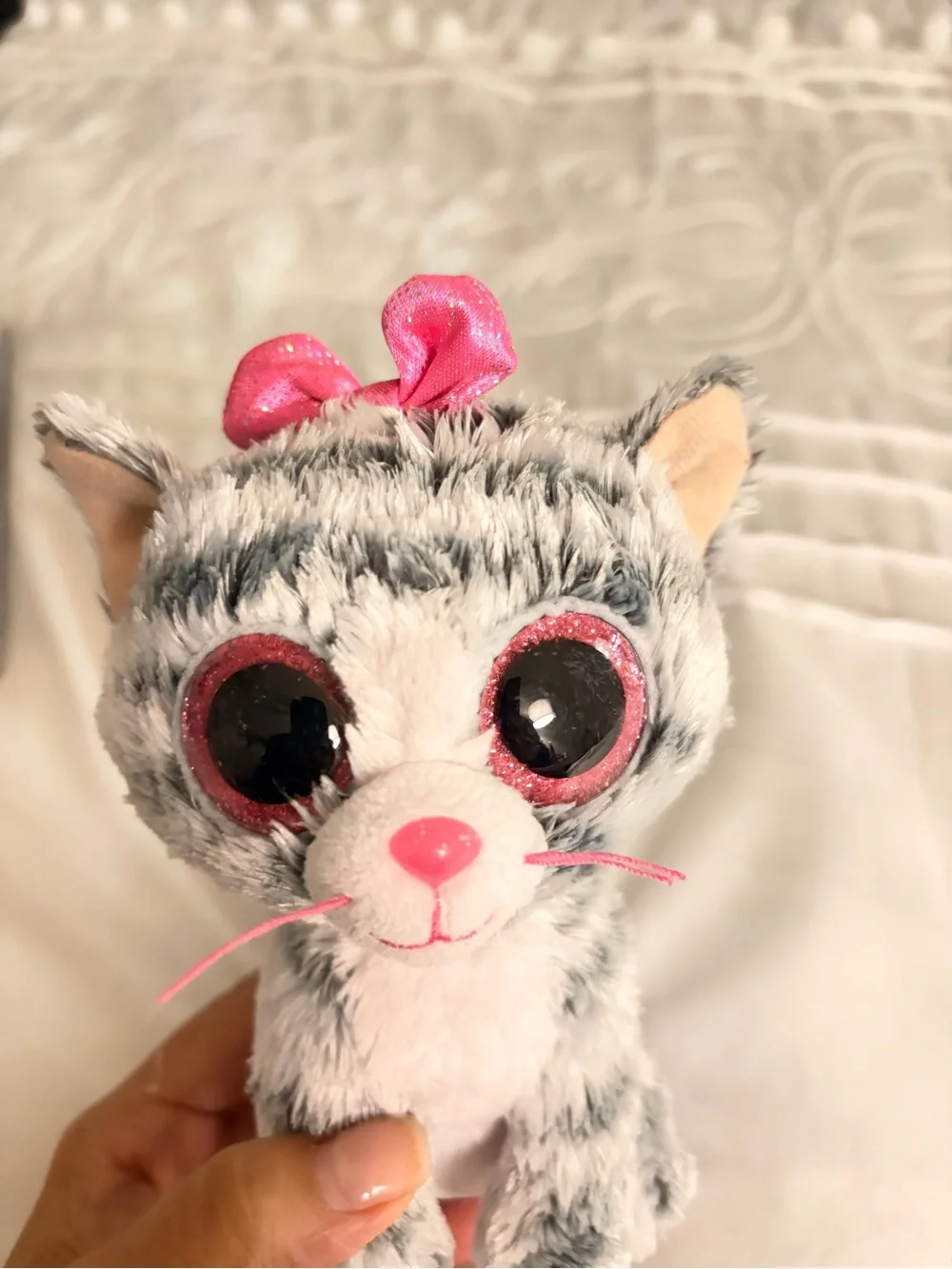 Ty Grey & White Plush Kitty with Pink Bow and Accents